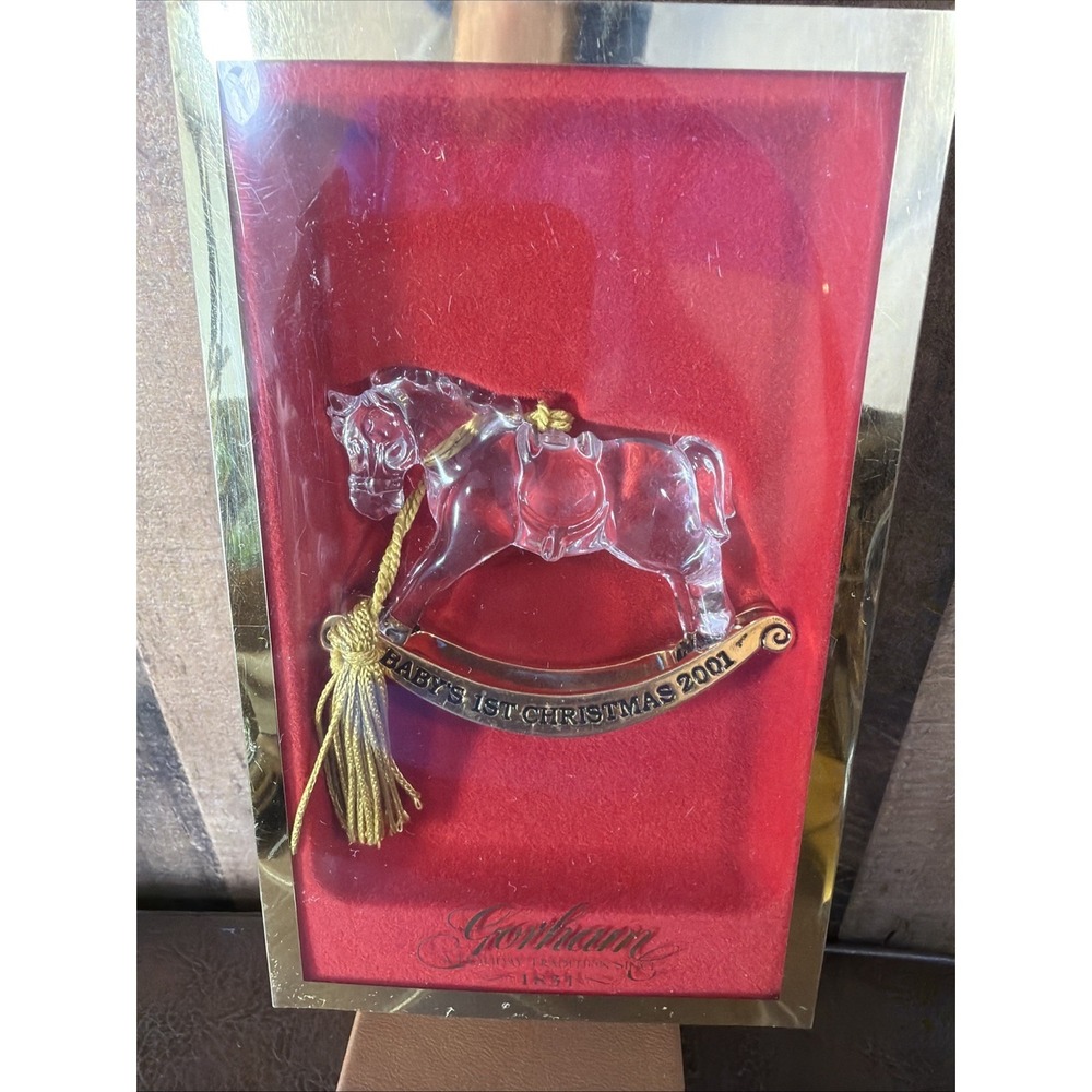 Vtg Gorham Baby's 1st Christmas Ornament 2001 Antique Gold Crystal Rocking Horse